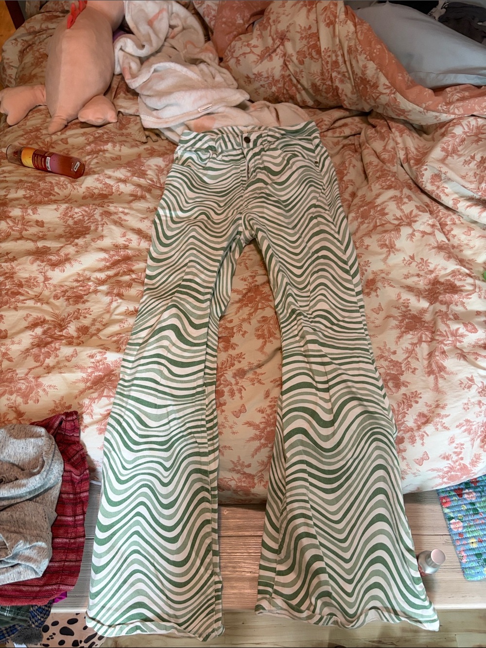 Machine Green & White Wave-Print Flared Jeans